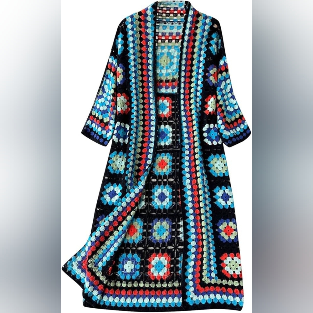 POL Crochet Granny Square Long Cardigan One Size New